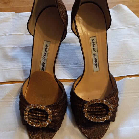 AUTH Manolo Blahnik Rhinestones & Sparkling Satin Pump Heels Shoes w Dust bag - Picture 2 of 7